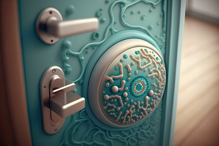 the door handle of a public restroom, with bacteria and other germs present, created with generative aiの素材