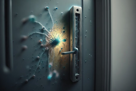 bacteria growing on the door handle of a room in a hospital, with droplets and streaks of moisture from hand washing visible, created with generative aiの素材