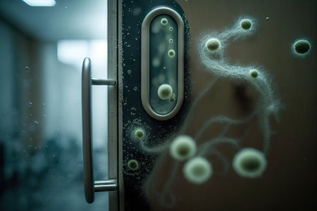 bacteria growing on the door handle of a room in a hospital, with droplets and streaks of moisture from hand washing visible, created with generative aiの素材
