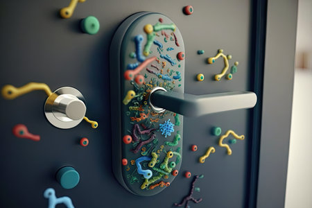 the door handle of the school classroom with thousands of bacteria, some dangerous, created with generative aiの素材
