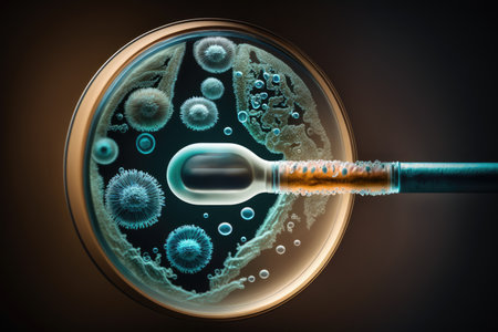 close-up of bacteria on the door handle, with magnifying glass in the background, created with generative aiの素材