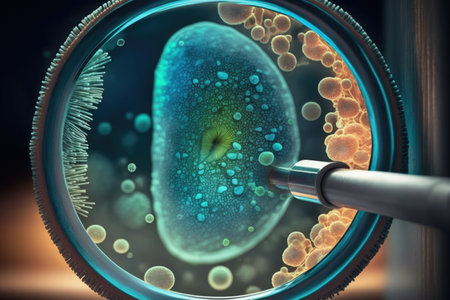 close-up of bacteria on the door handle, with magnifying glass in the background, created with generative aiの素材