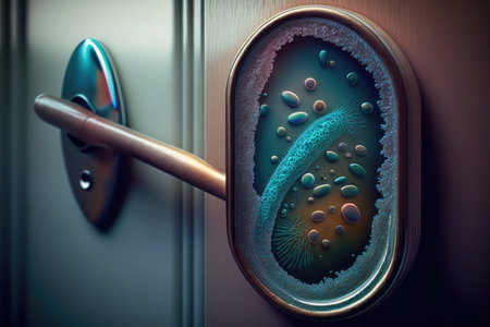 bacteria on the door handle, up close and personal, with magnifying glass in view, created with generative aiの素材