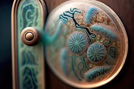 close-up of bacteria on the door handle, with focus on its intricate and diverse textures, created with generative aiの素材