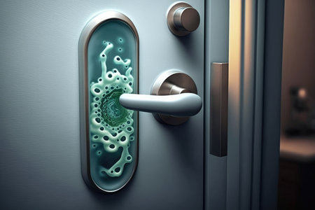 a door handle with visible bacteria, serving as a reminder to always wash your hands, created with generative aiの素材