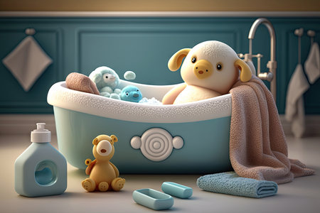 baby bathtub surrounded by towels, soap and shampoo for comfortable experience, created with generative aiの素材