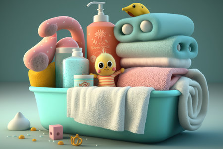 baby bathtub surrounded by towels, soap and shampoo for comfortable experience, created with generative aiの素材