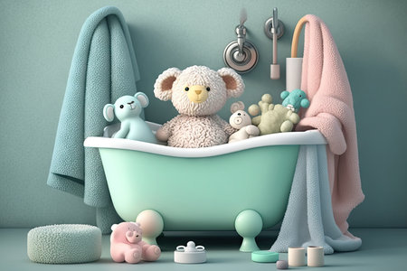baby bathtub surrounded by plush towels and other essentials in bathroom, created with generative aiの素材