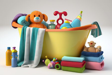 baby bathtub surrounded by colorful towels, toys, and other accessories, created with generative aiの素材
