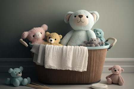 baby bathtub surrounded by plush towels, with a basket of baby products nearby, created with generative aiの素材