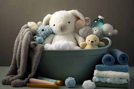 baby bathtub surrounded by plush towels and other essential baby items, created with generative aiの素材