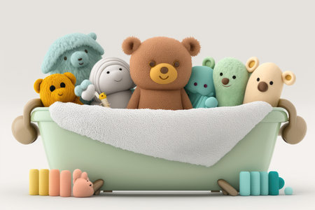 baby bathtub surrounded by plush towels and other essential baby items, created with generative aiの素材