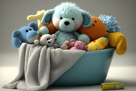 baby bathtub surrounded by plush towels and other essential baby items, created with generative aiの素材