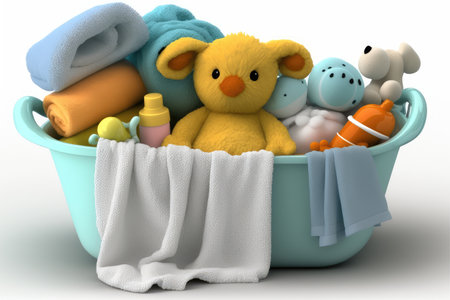 baby bathtub surrounded by towels and washcloths, ready for, created with generative aiの素材