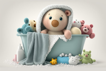 baby bathtub surrounded by towels and washcloths, ready for, created with generative aiの素材