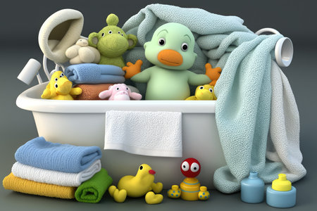 baby bathtub surrounded by towels and washcloths, ready for, created with generative aiの素材