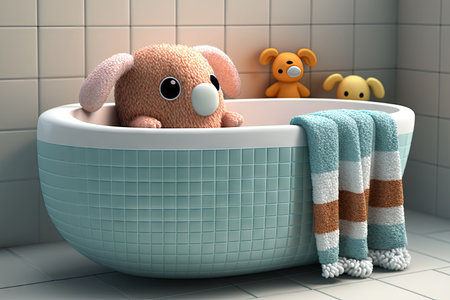 baby bathtub surrounded by plush towels, with view of bathroom tiles and faucet, created with generative aiの素材