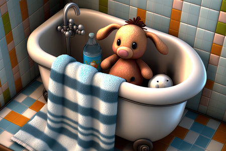 baby bathtub surrounded by plush towels, with view of bathroom tiles and faucet, created with generative aiの素材