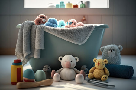 baby bathtub surrounded by towels and toiletries in modern bathroom, created with generative aiの素材