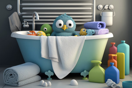 baby bathtub surrounded by towels and toiletries in modern bathroom, created with generative aiの素材