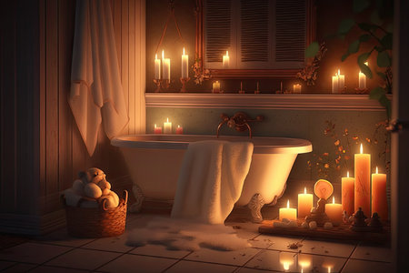 luxurious bathroom with plush towels, candles, and baby bathtub surrounded by warm lighting, created with generative aiの素材