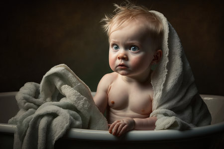 baby sitting in bathtub, with towel and washcloth nearby, created with generative aiの素材