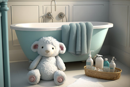 view of baby bathtub surrounded by towels and other bathroom accessories, created with generative aiの素材