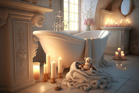 luxury bathroom with baby bathtub, plush towels and aromatic candles, created with generative aiの素材