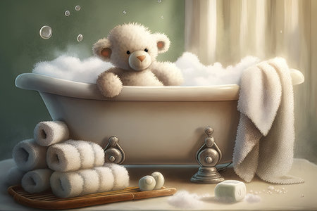 baby bathtub with warm water and essential oils, surrounded by fluffy towels, created with generative aiの素材