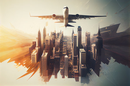 double exposure of plane flying over bustling city, with clear view of the skyscrapers in the background, created with generative aiの素材