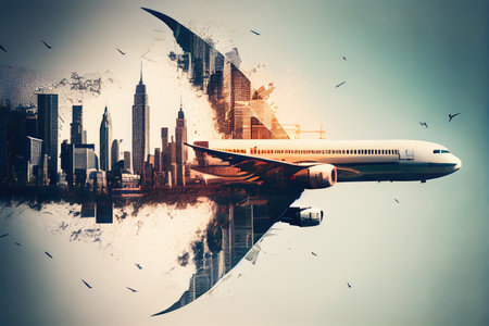 double exposure of plane flying over bustling city, with clear view of the skyscrapers in the background, created with generative aiの素材
