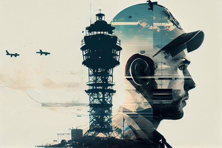 double-exposure of a tower controller guiding planes in and out of the airport, created with generative aiの素材
