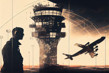double-exposure of a tower controller guiding planes in and out of the airport, created with generative aiの素材