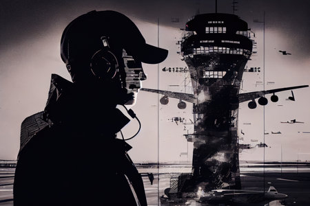double-exposure of a tower controller guiding planes in and out of the airport, created with generative aiの素材