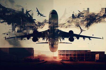 aviaton industry double exposure, with planes landing and taking off in the background, created with generative aiの素材