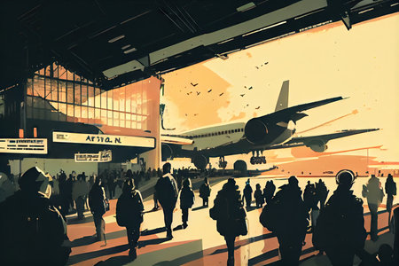 airport terminal, bustling with people and activity, set against the backdrop of a plane taking off, created with generative aiの素材