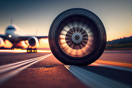 close-up of a planes wheel, with blurred background of runway and airport, created with generative aiの素材