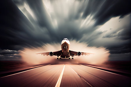 controlled landing on the runway with blurred background of passing clouds, created with generative aiの素材