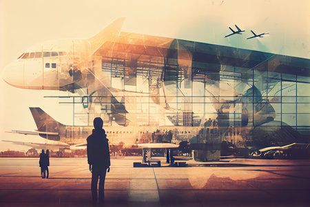 double exposure of modern airport terminal and vintage airplane, with blurred people in the background, created with generative aiの素材