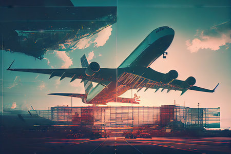 aviation industry double exposure with plane flying over busy airport terminal, created with generative aiの素材