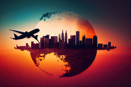 modern airliner flying over cityscape, with double exposure of the sun setting behind, created with generative aiの素材