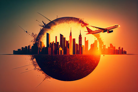 modern airliner flying over cityscape, with double exposure of the sun setting behind, created with generative aiの素材