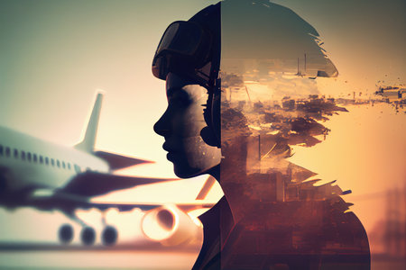 aviation industry double exposure of aircraft and aviator with blurred background, created with generative aiの素材