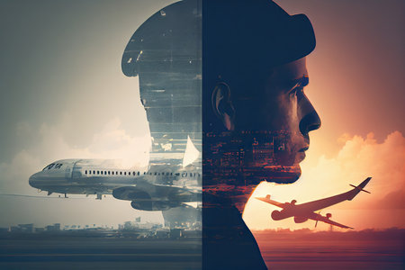 aviation industry double exposure of aircraft and aviator with blurred background, created with generative aiの素材