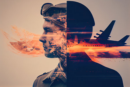 aviation industry double exposure of aircraft and aviator with blurred background, created with generative aiの素材