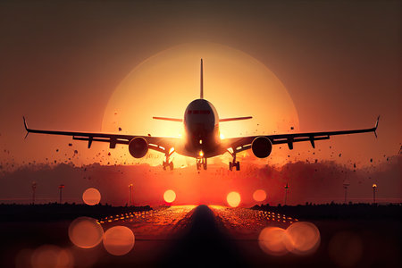 jetliner taking off into sunrise, with sun shining on its wings and engines, created with generative aiの素材
