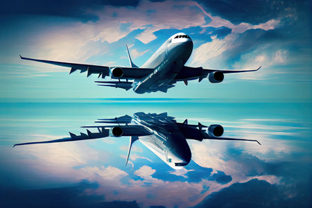 airplane soaring through sky, with reflection in the water below, created with generative aiの素材