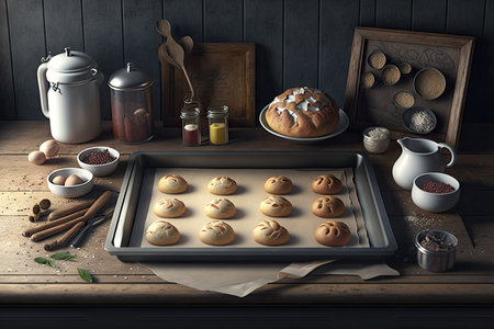buns and cakes baking tray in kitchen, created with generative aiの素材