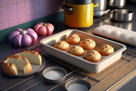 buns and cakes baking tray in kitchen, created with generative aiの素材
