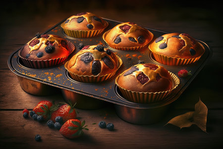 beautiful appetizing muffins on baking tray for breakfast, created with generative aiの素材